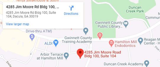 Map for Dacula office location of Hamilton Mill Oral & Facial Surgery, Yadira Cardona-Rohena, DMD